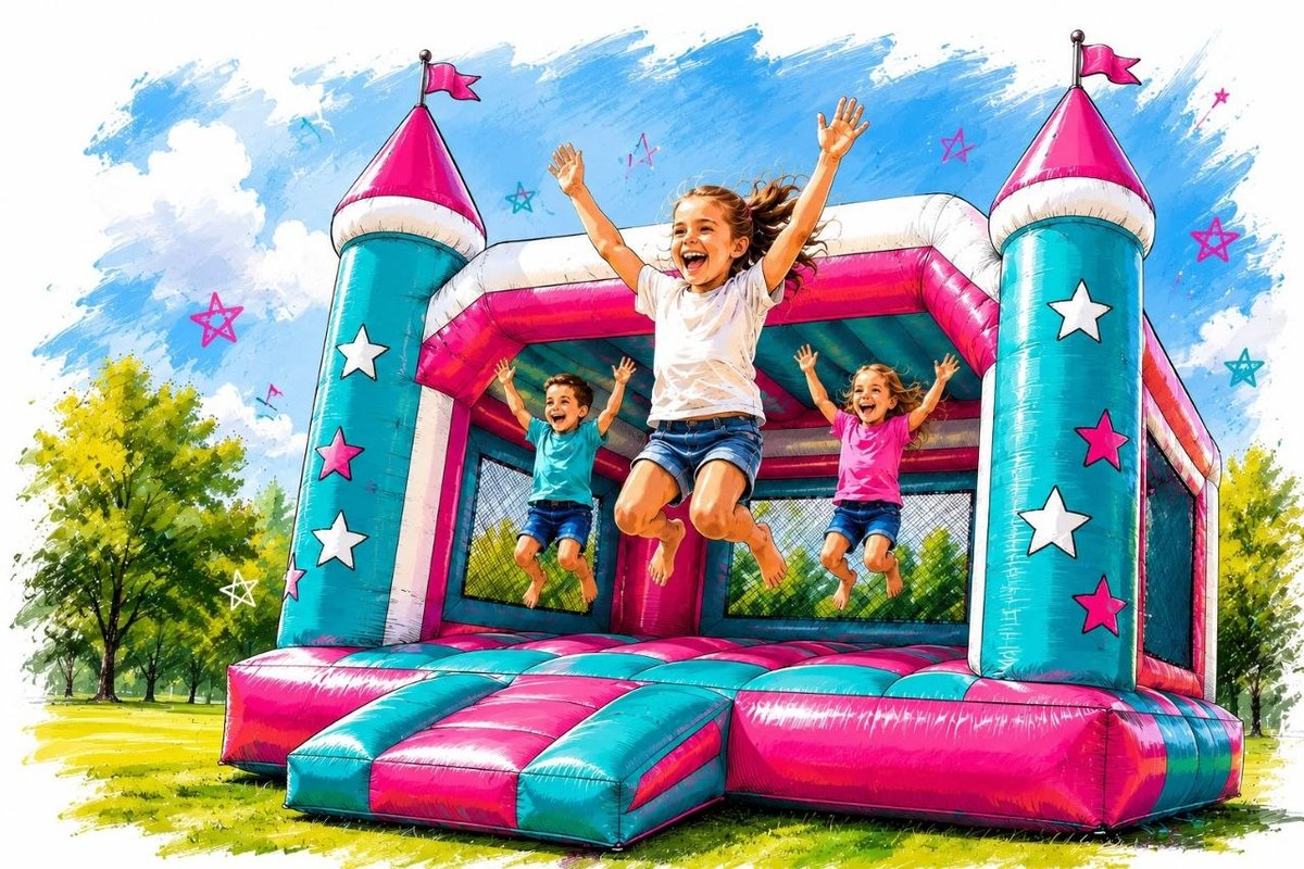 Kinder springen auf einer bunten Hüpfburg