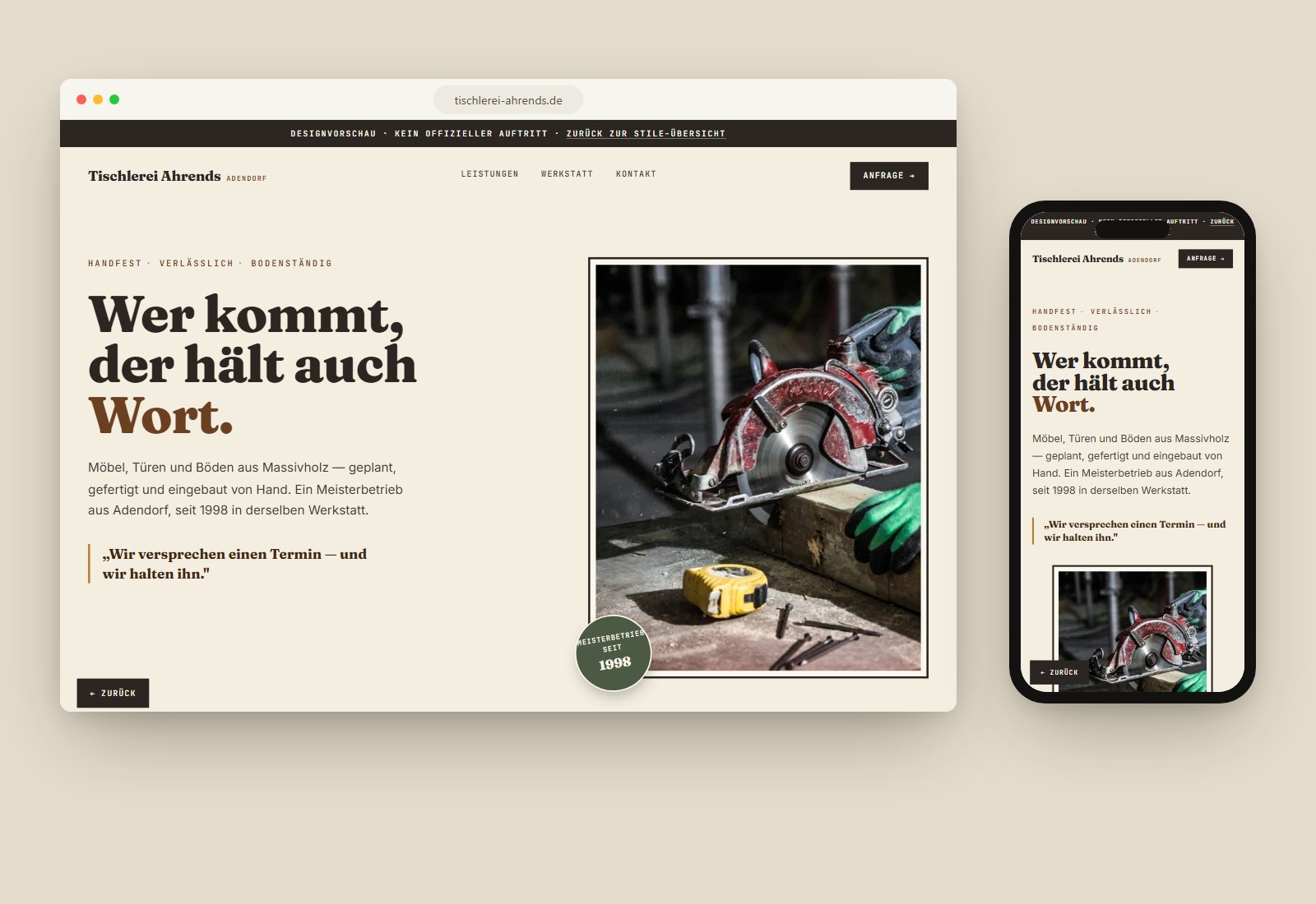 Vorschau der Tischlerei-Demo im Handwerk-Stil – Desktop und Handy