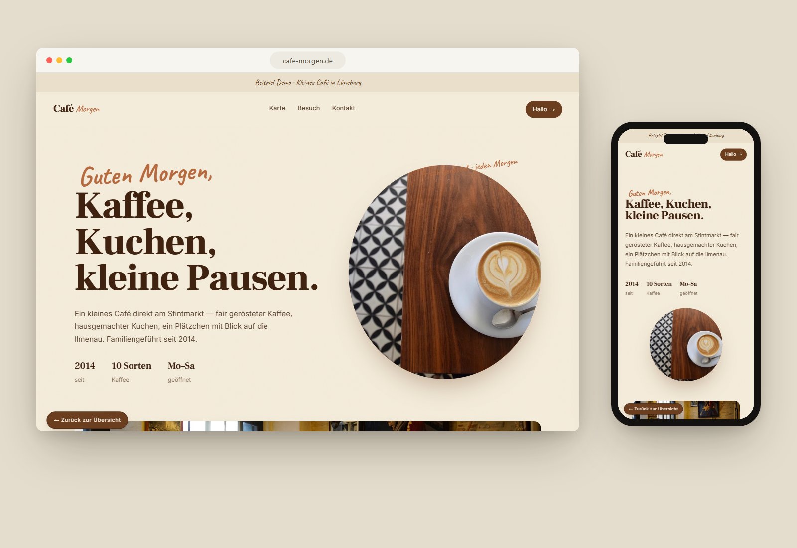 Vorschau der Café-Morgen-Demo im warmen Stil – Desktop und Handy